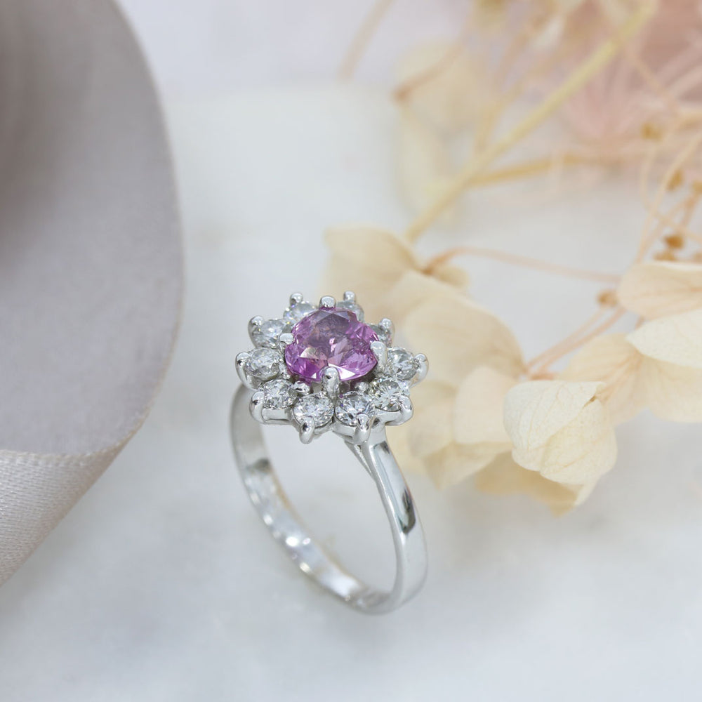 Pre Owned 18ct Gold Heart shaped Pink Sapphire & Diamond Cluster Ring
