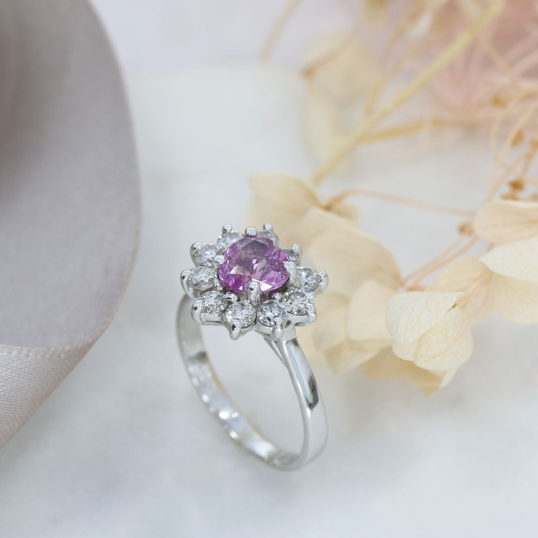 Pre Owned 18ct Gold Heart shaped Pink Sapphire & Diamond Cluster Ring