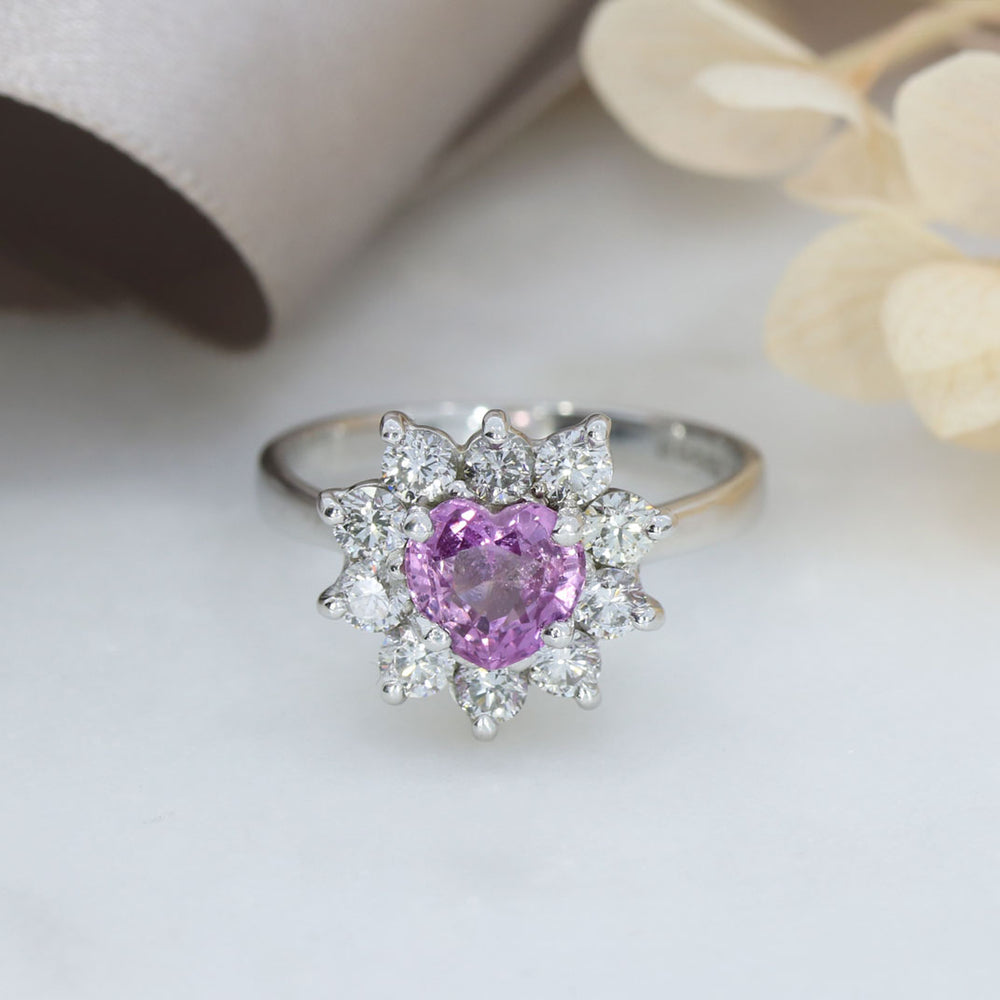 Pre Owned 18ct Gold Heart shaped Pink Sapphire & Diamond Cluster Ring