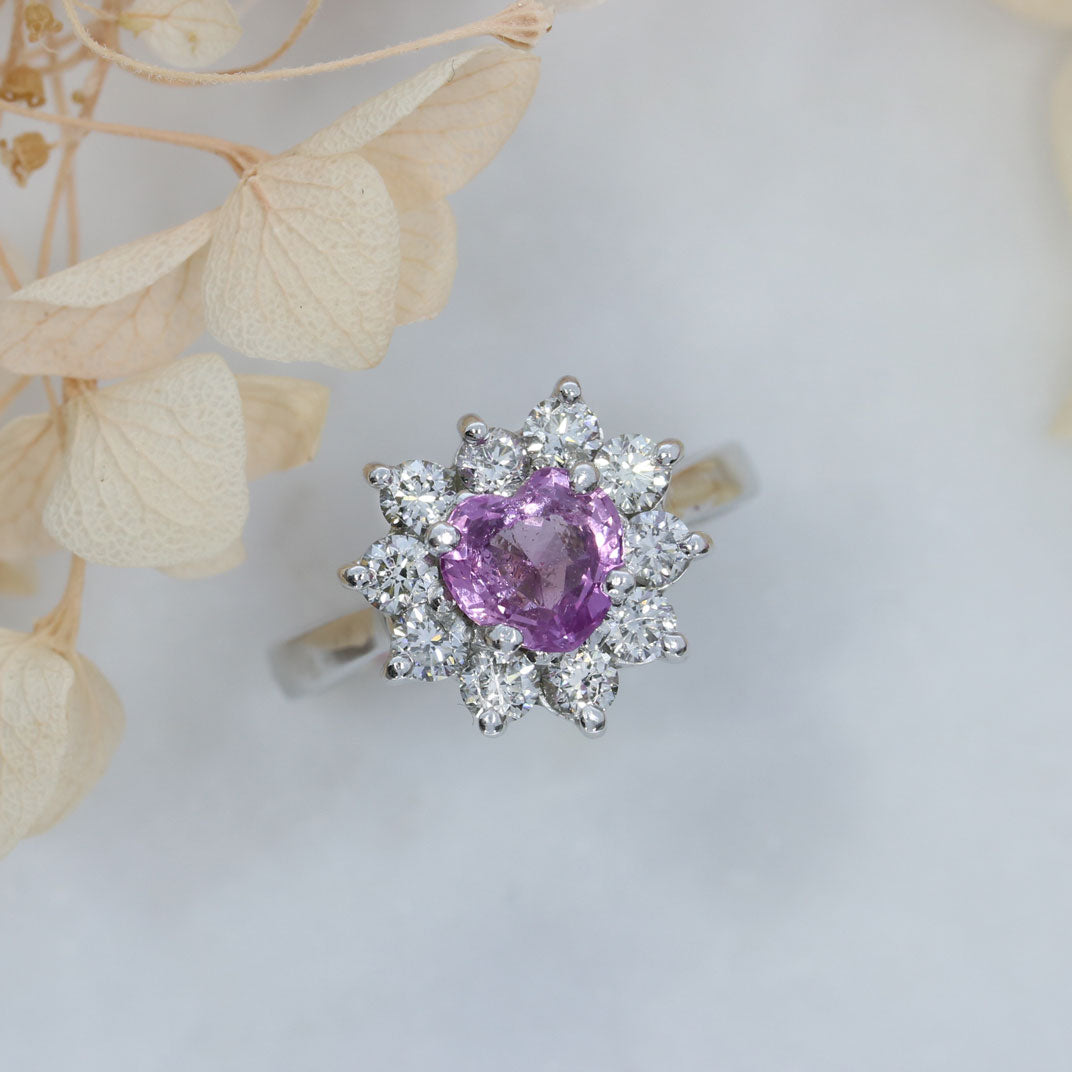 Pre Owned 18ct Gold Heart shaped Pink Sapphire & Diamond Cluster Ring