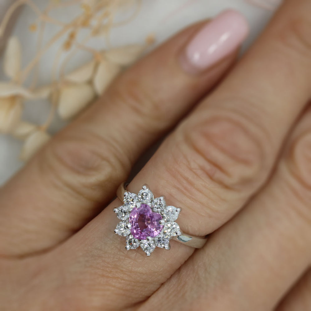 Pre Owned 18ct Gold Heart shaped Pink Sapphire & Diamond Cluster Ring