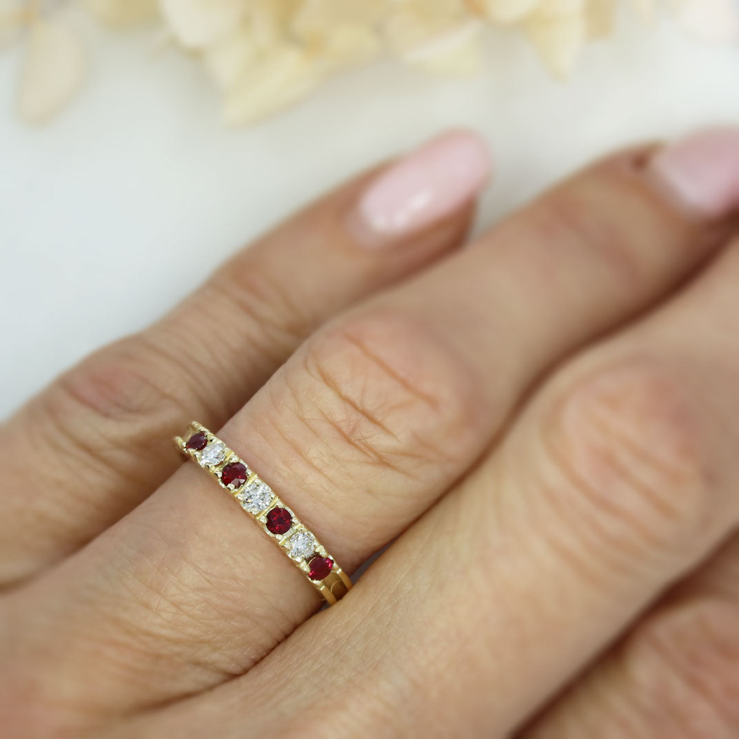 9ct Yellow Gold Pave Set 7 Stone Ruby & Diamond Eternity Ring