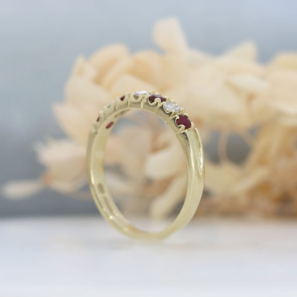 9ct Yellow Gold Pave Set 7 Stone Ruby & Diamond Eternity Ring