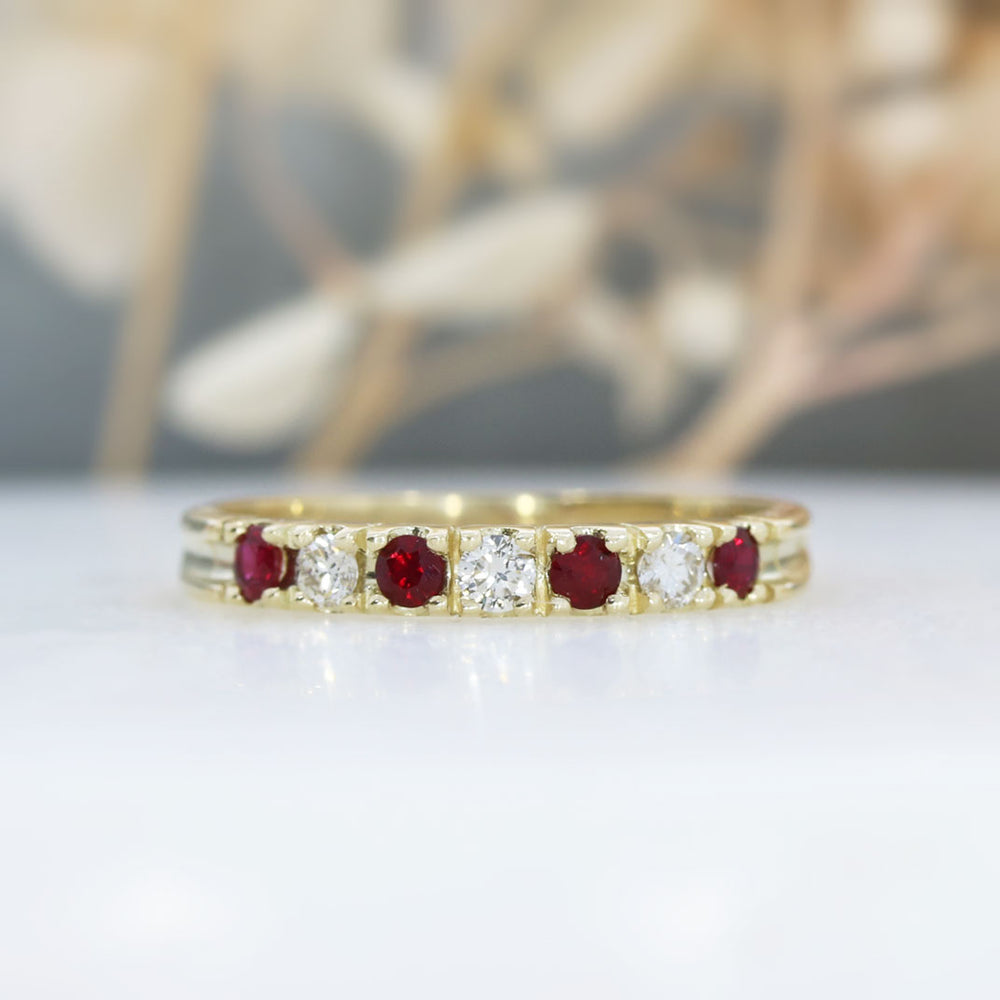 9ct Yellow Gold Pave Set 7 Stone Ruby & Diamond Eternity Ring