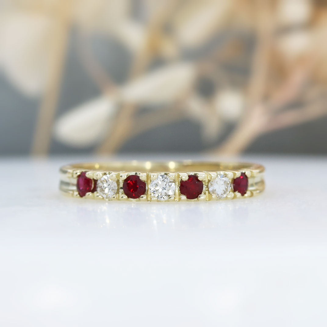 9ct Yellow Gold Pave Set 7 Stone Ruby & Diamond Eternity Ring