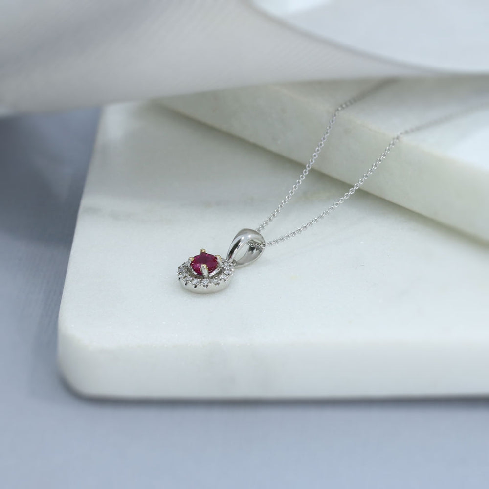 9ct White Gold Ruby Diamond Halo Pendant