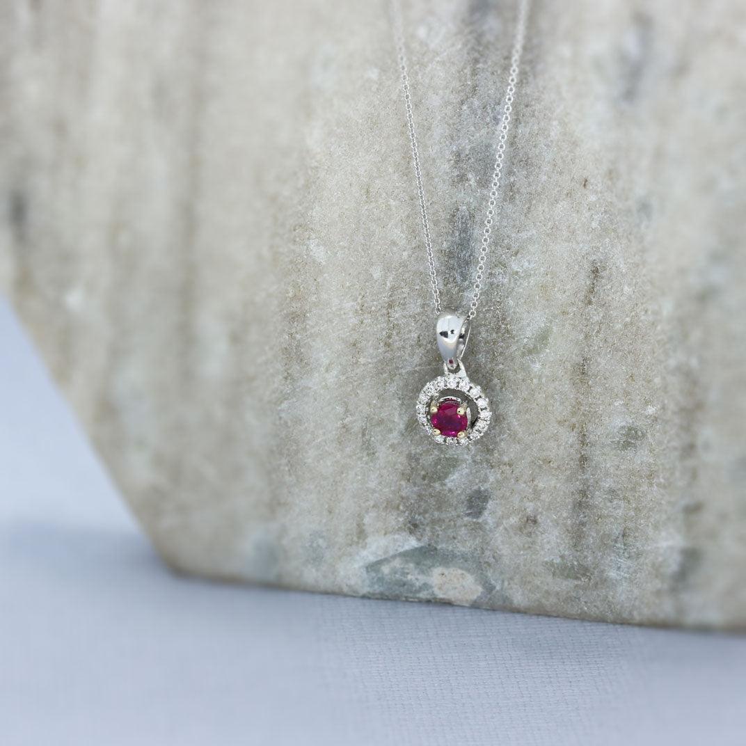 9ct White Gold Ruby Diamond Halo Pendant