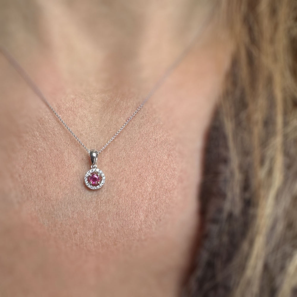 9ct White Gold Ruby Diamond Halo Pendant