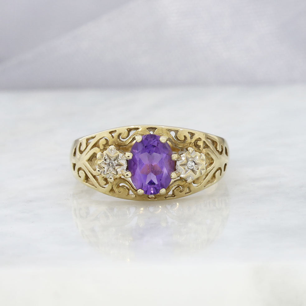 Pre Owned 9ct gold Amethyst and Diamond Antique Style Ring