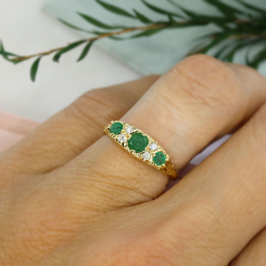 Pre-Owned 18ct Yellow Gold Antique Style Emerald & Diamond Boat Ring