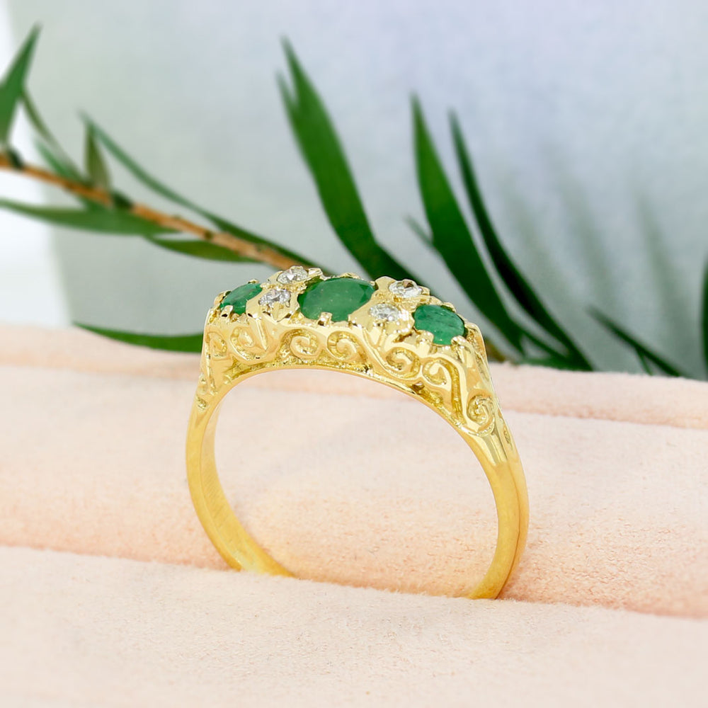 Pre-Owned 18ct Yellow Gold Antique Style Emerald & Diamond Boat Ring