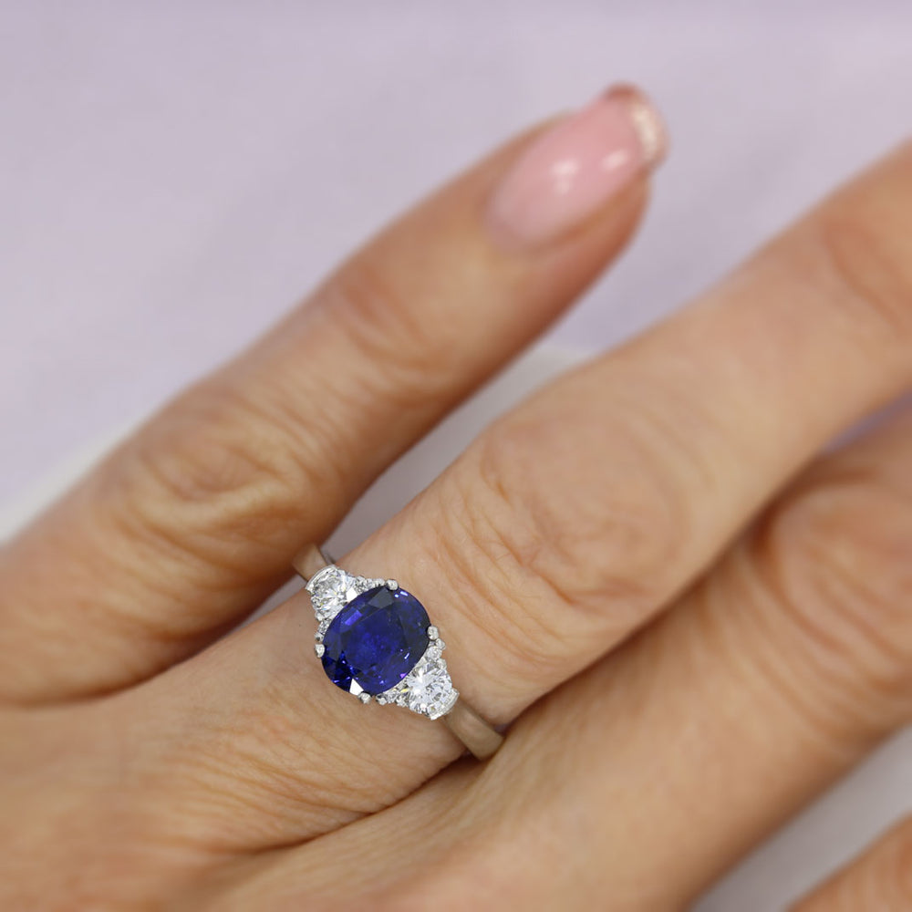 Platinum 2.11ct Oval Sapphire & Diamond 3 Stone Ring 0.40ct