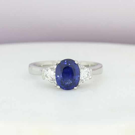 Platinum 2.11ct Oval Sapphire & Diamond 3 Stone Ring 0.40ct