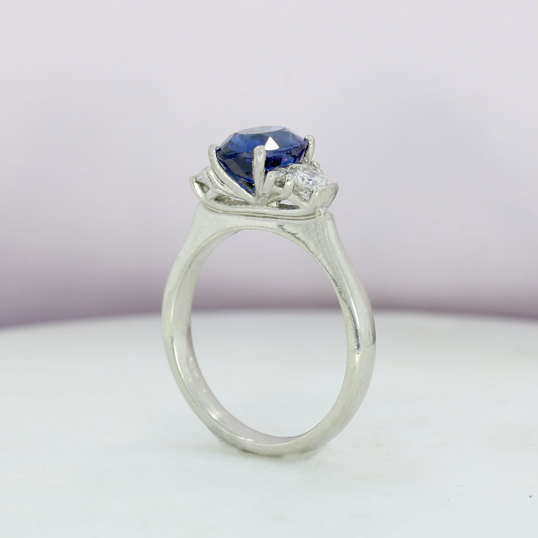 Platinum 2.11ct Oval Sapphire & Diamond 3 Stone Ring 0.40ct