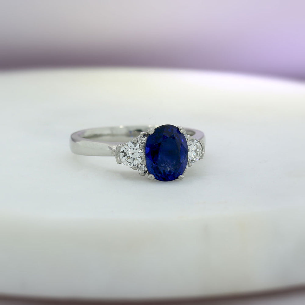 Platinum 2.11ct Oval Sapphire & Diamond 3 Stone Ring 0.40ct