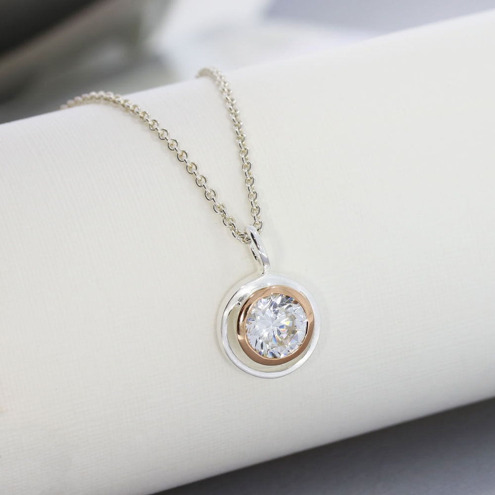 Silver & Rose Gold Plate CZ Pendant & Chain