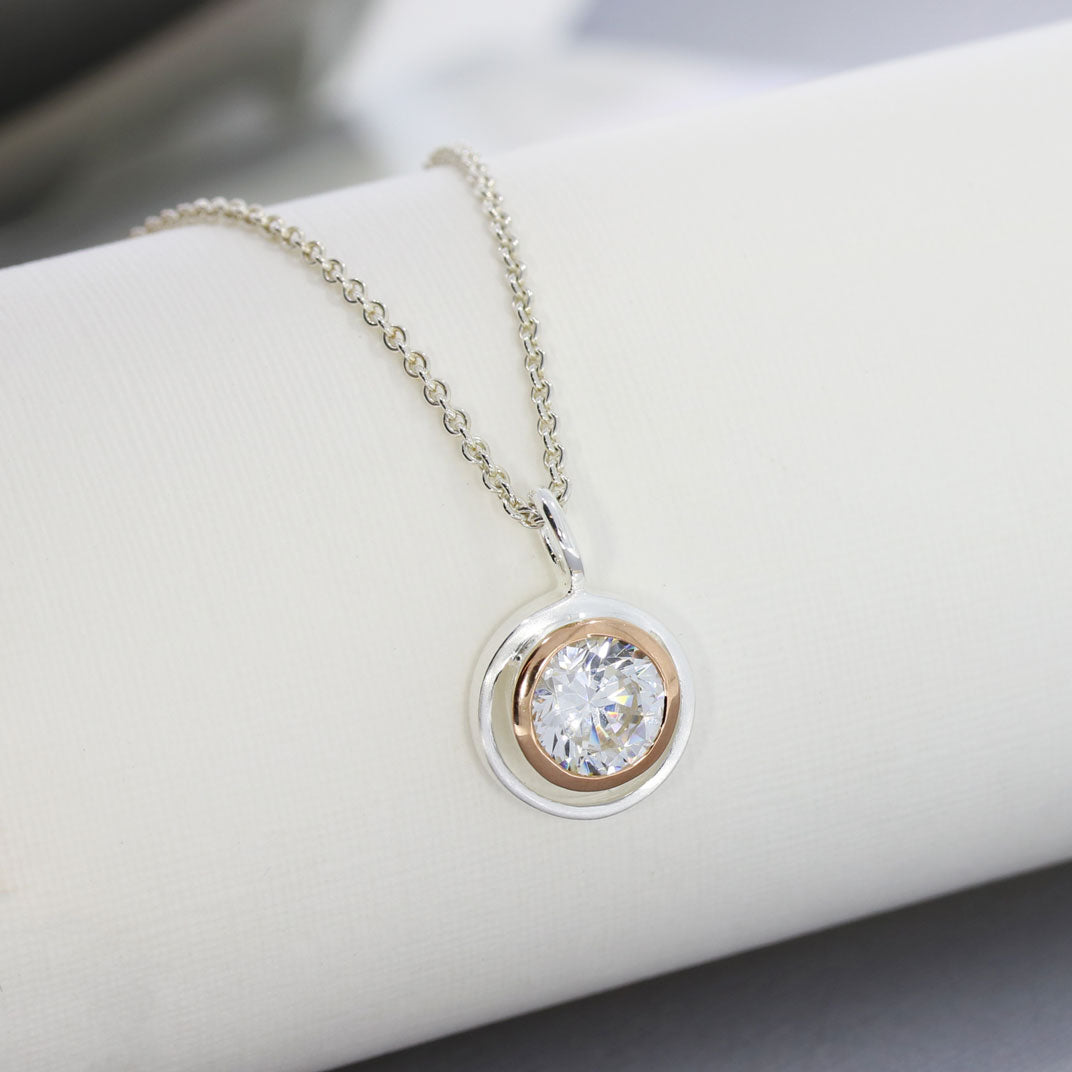 Silver & Rose Gold Plate CZ Pendant & Chain