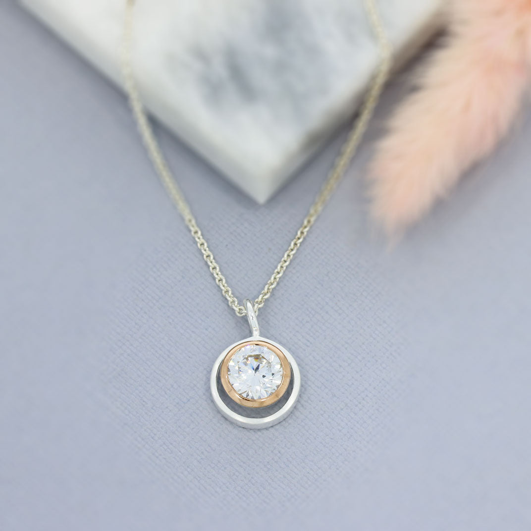Silver & Rose Gold Plate CZ Pendant & Chain