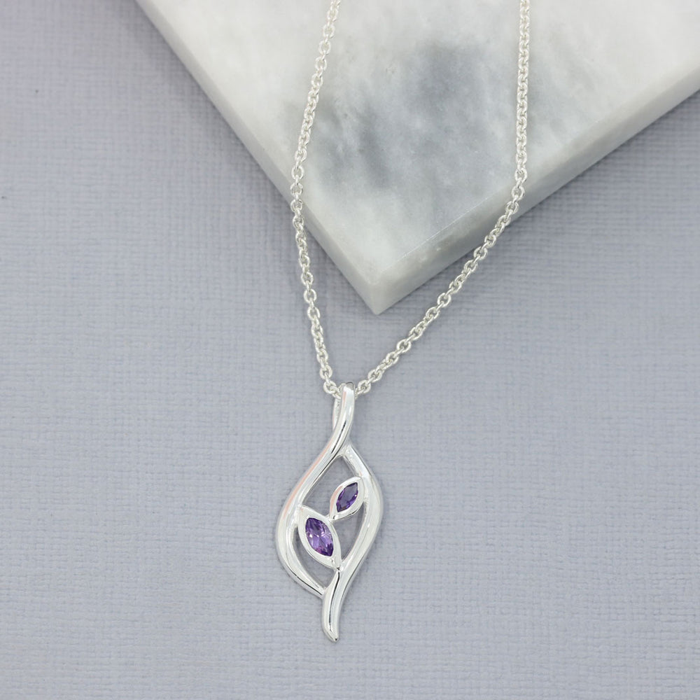 Silver Leaf Shaped Amethyst Pendant & Chain