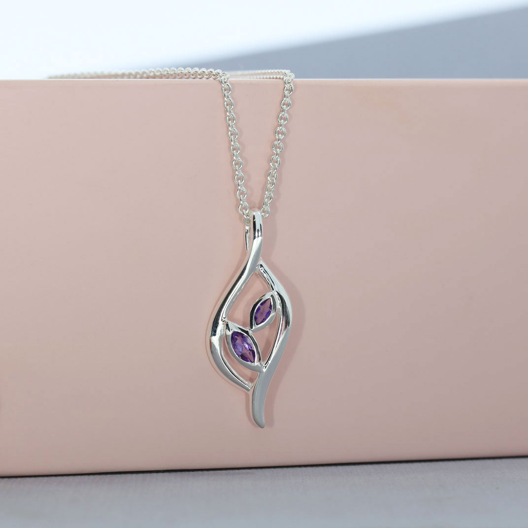 Silver Leaf Shaped Amethyst Pendant & Chain