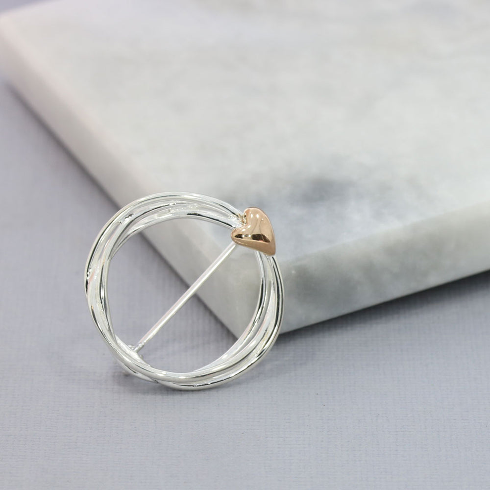 Silver Twisted Circle Brooch with Rose Gold Plated Heart Detail