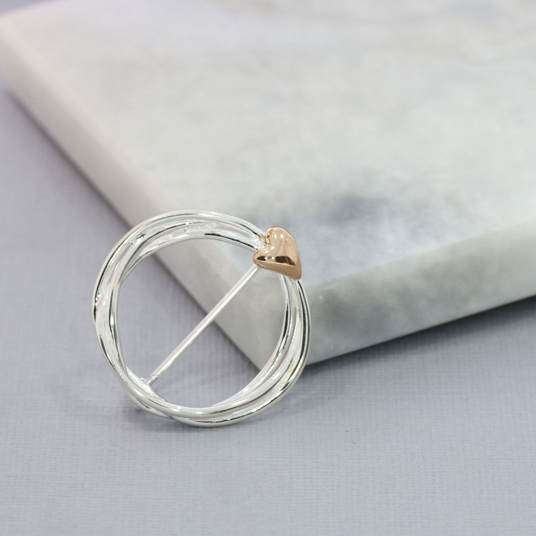 Silver Twisted Circle Brooch with Rose Gold Plated Heart Detail