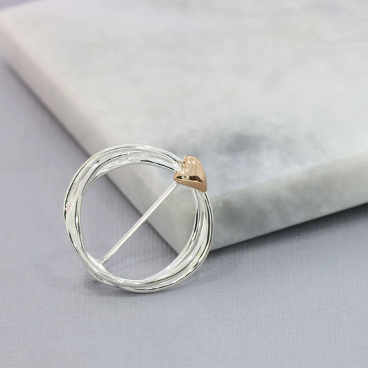 Silver Twisted Circle Brooch with Rose Gold Plated Heart Detail