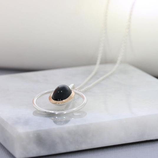 Silver Round Open Pendant Set With Black Onyx & Rose Gold Detail