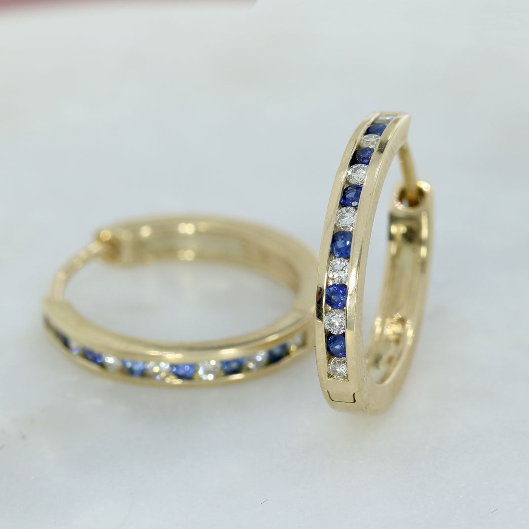 9ct Yellow Gold Sapphire & Diamond Medium Hoop Earrings