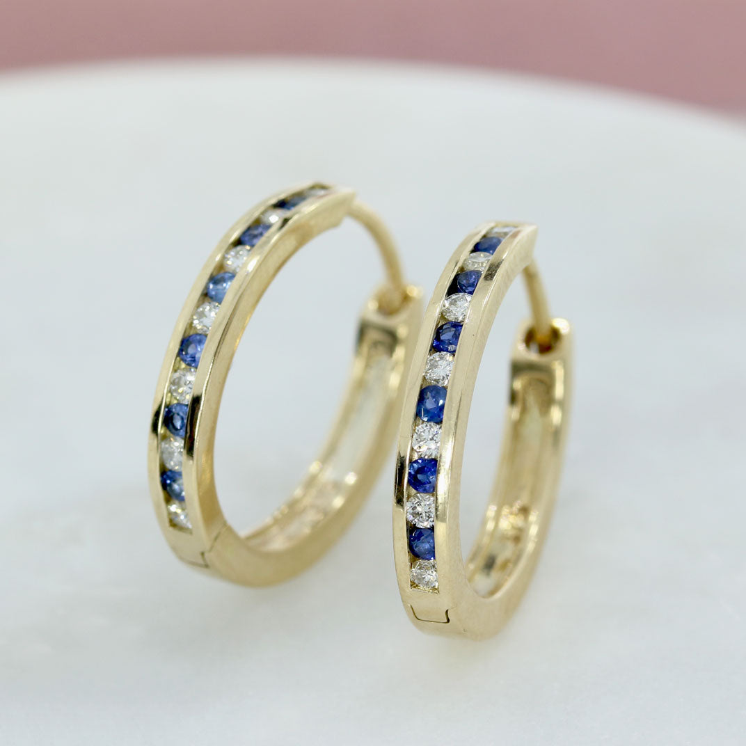 9ct Yellow Gold Sapphire & Diamond Medium Hoop Earrings