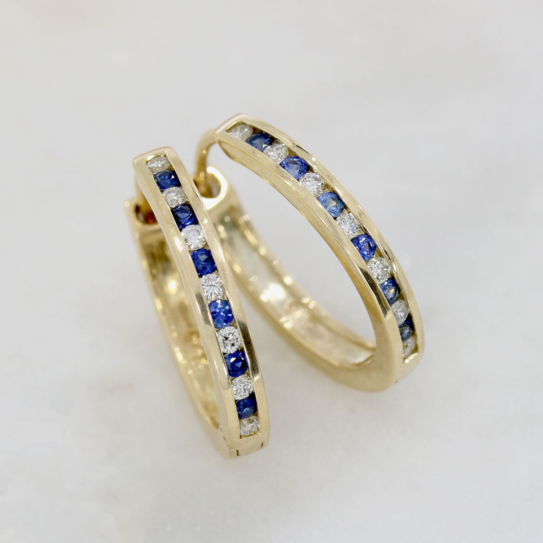 9ct Yellow Gold Sapphire & Diamond Medium Hoop Earrings