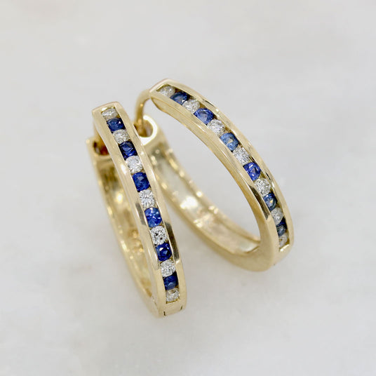9ct Yellow Gold Sapphire & Diamond Style Hoop Earrings with Channel Set