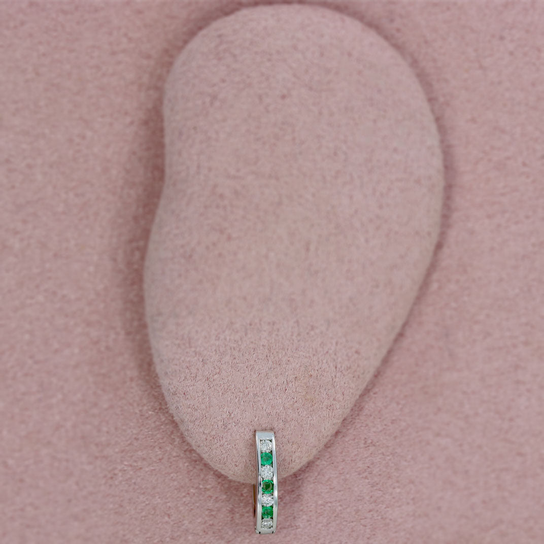 9ct White Gold Small Hoop Emerald & Diamond Earrings