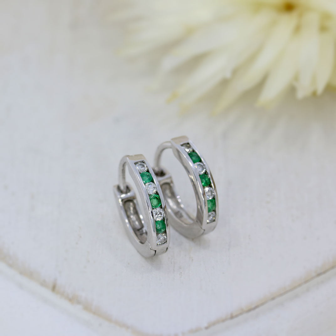 9ct White Gold Small Hoop Emerald & Diamond Earrings