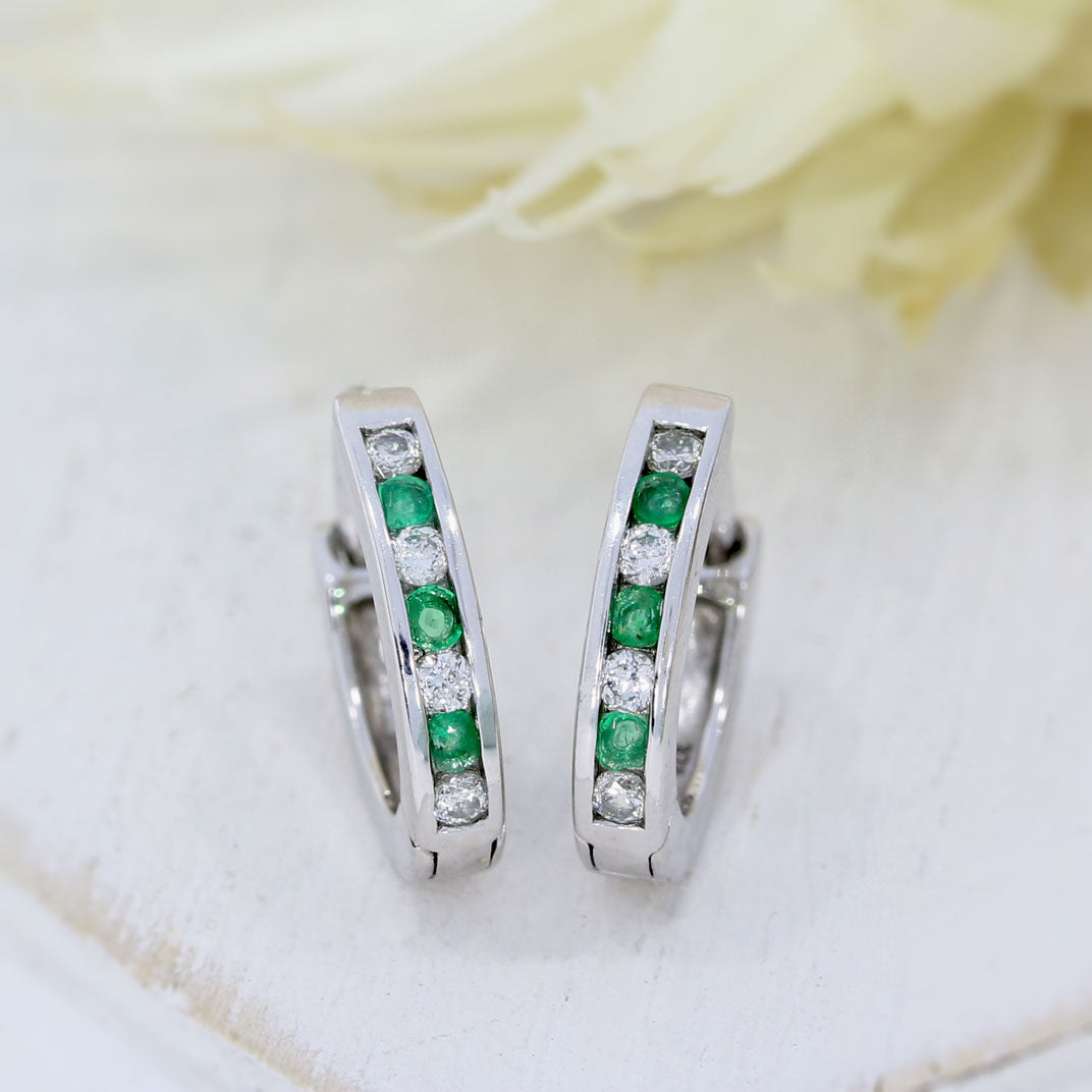 9ct White Gold Small Hoop Emerald & Diamond Earrings