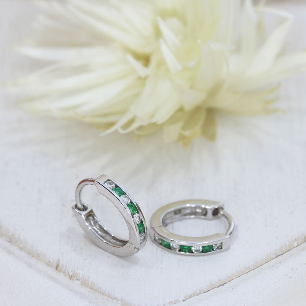 9ct White Gold Small Hoop Emerald & Diamond Earrings