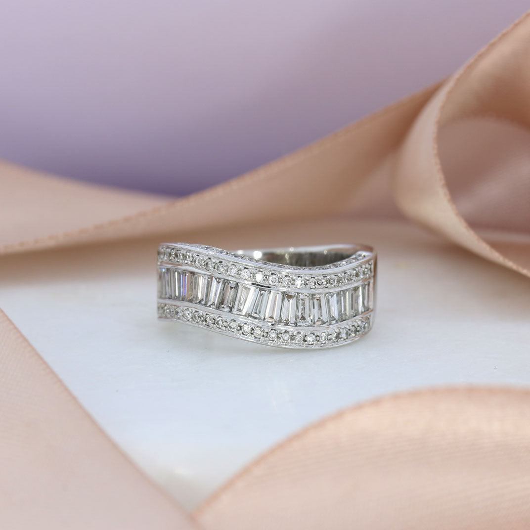 Pre Owned 18ct White Gold Triple Row Channel Set Diamond Wave Ring 1.90ct