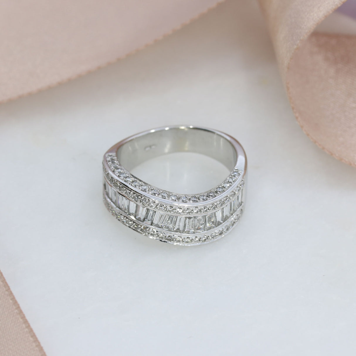 Pre Owned 18ct White Gold Triple Row Channel Set Diamond Wave Ring 1.90ct