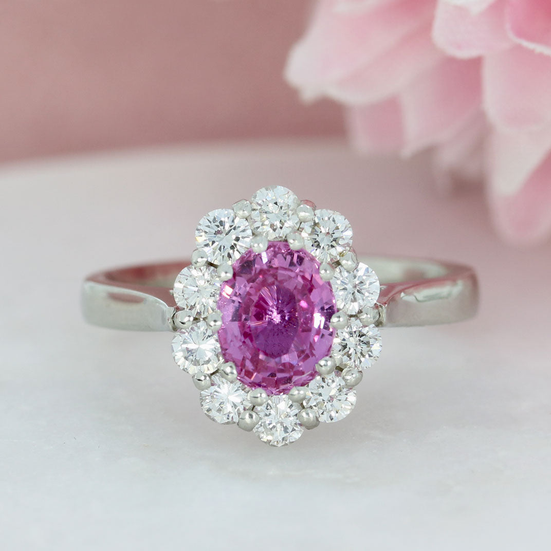 18ct White Gold Oval Pink Sapphire & Diamond Cluster Ring