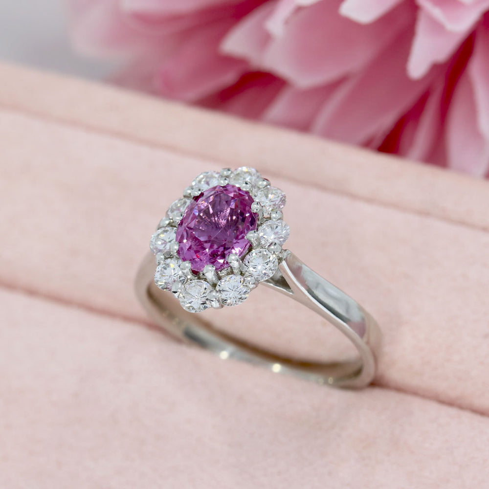 18ct White Gold Oval Pink Sapphire & Diamond Cluster Ring