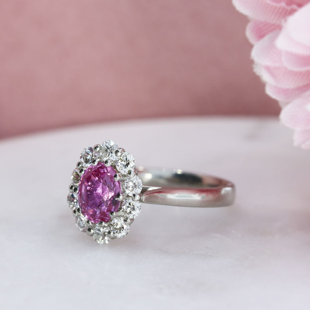 18ct White Gold Oval Pink Sapphire & Diamond Cluster Ring