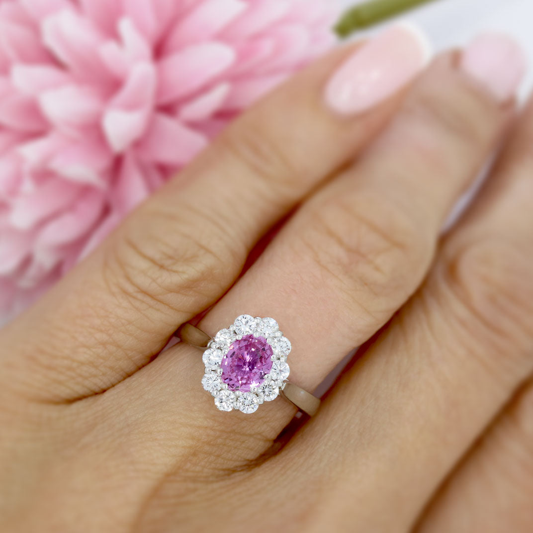18ct White Gold Oval Pink Sapphire & Diamond Cluster Ring