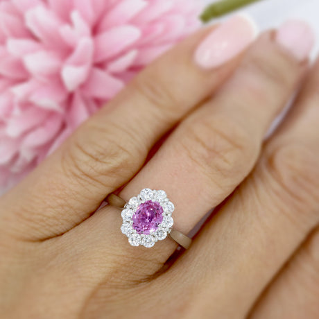 18ct White Gold Oval Pink Sapphire & Diamond Cluster Ring