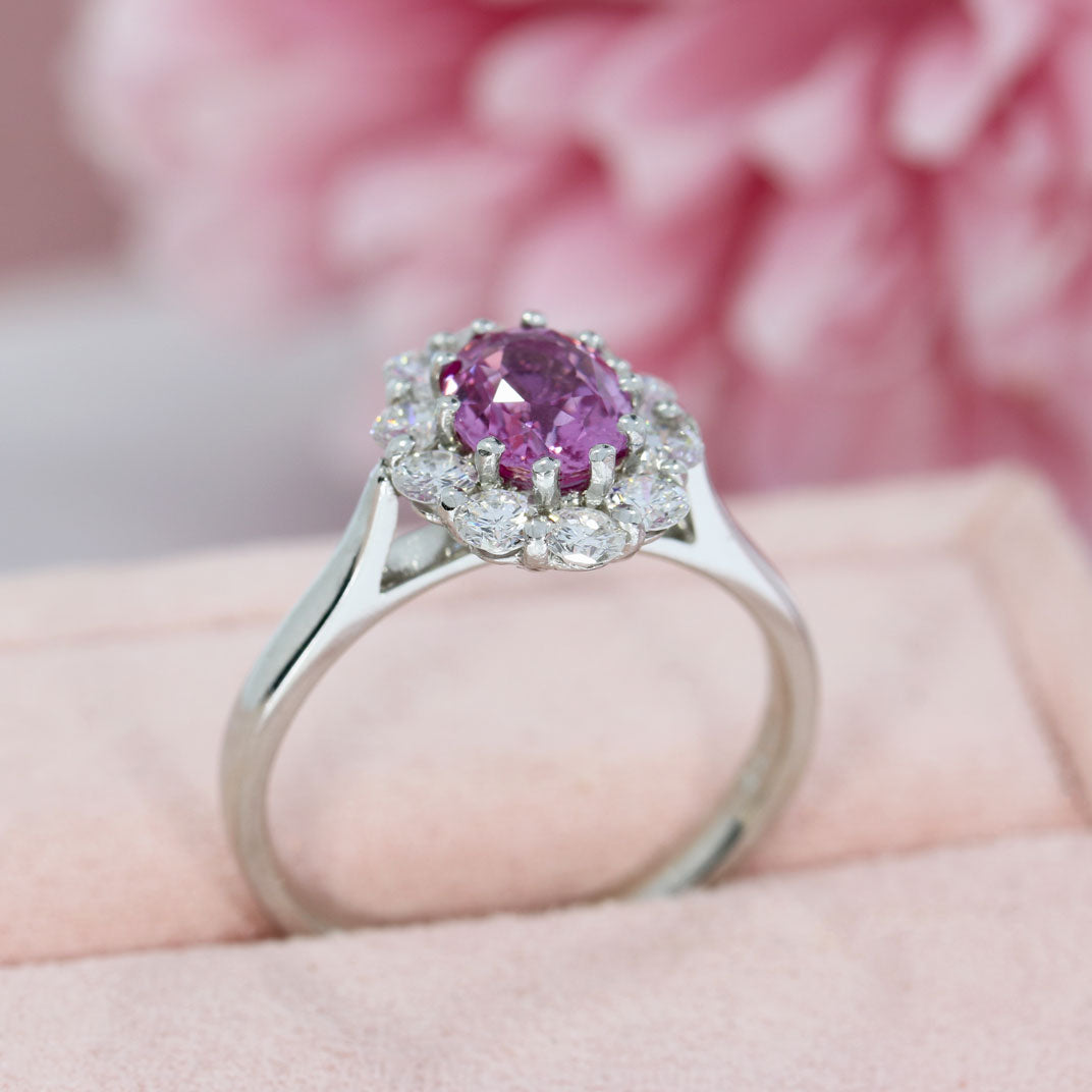 18ct White Gold Oval Pink Sapphire & Diamond Cluster Ring