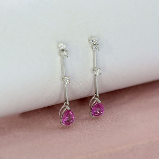 Pre Owned 18ct White Gold Pink Sapphire and Diamond Drop Earrings