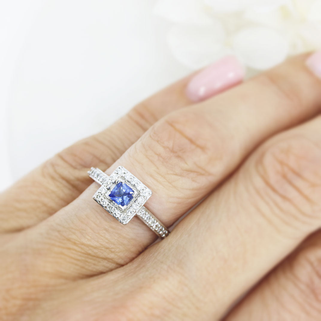 18ct White Gold Square Cut Sapphire & Diamond Cluster with Diamond Set Shoulders