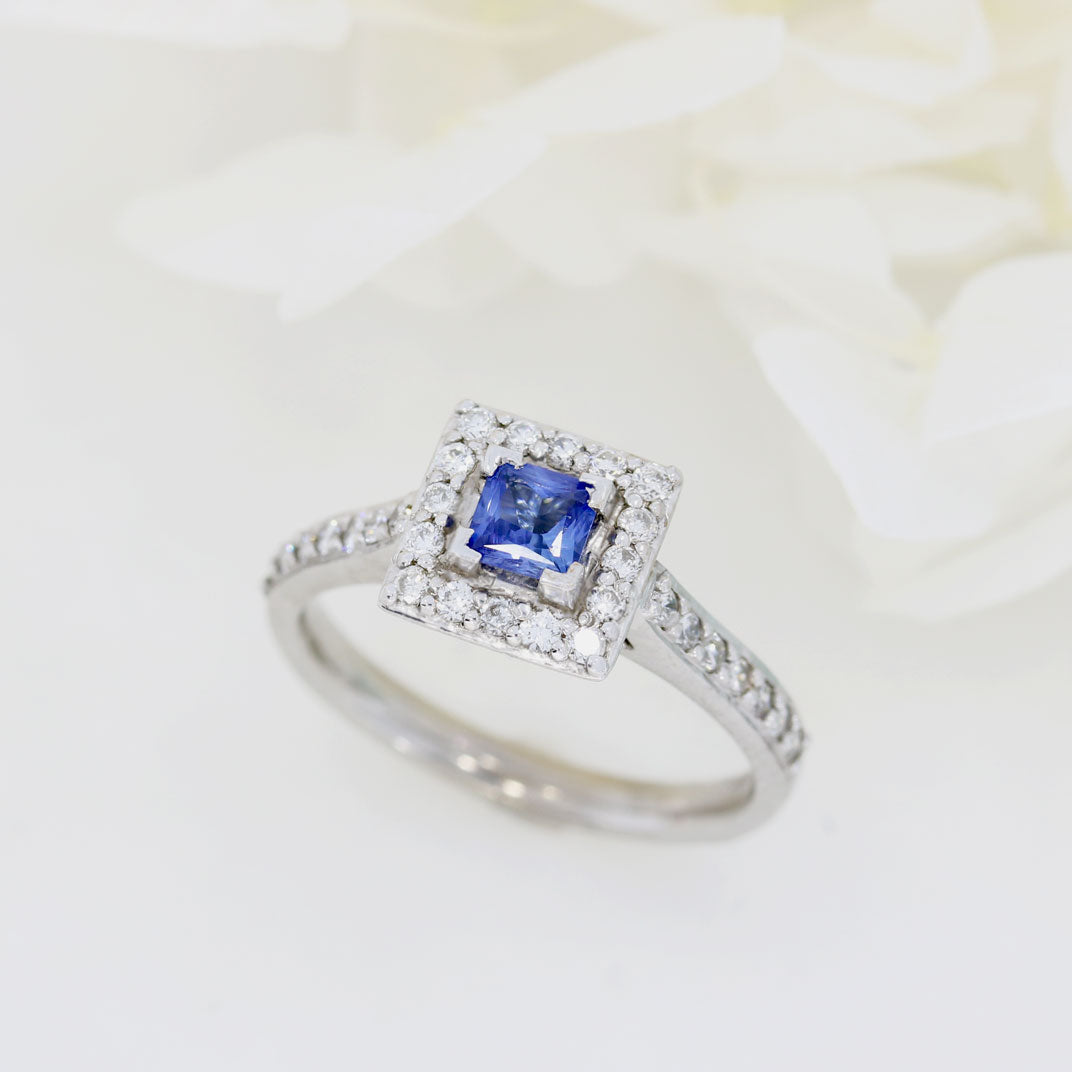 18ct White Gold Square Cut Sapphire & Diamond Cluster with Diamond Set Shoulders