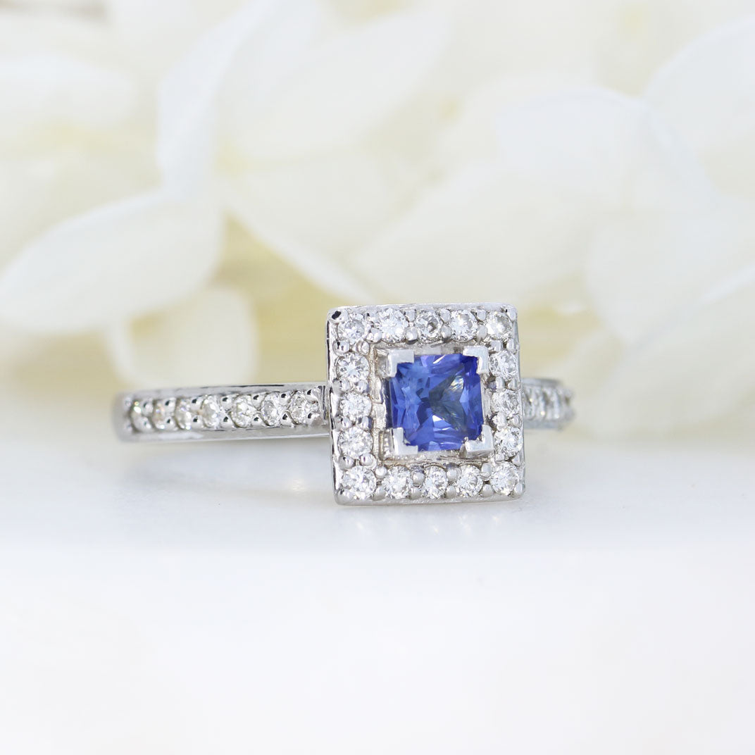 18ct White Gold Square Cut Sapphire & Diamond Cluster with Diamond Set Shoulders
