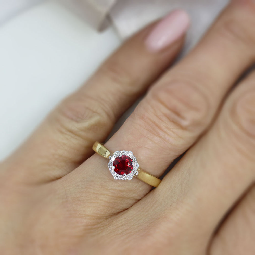 18ct Yellow Gold Ruby and Diamond Halo Cluster Ring