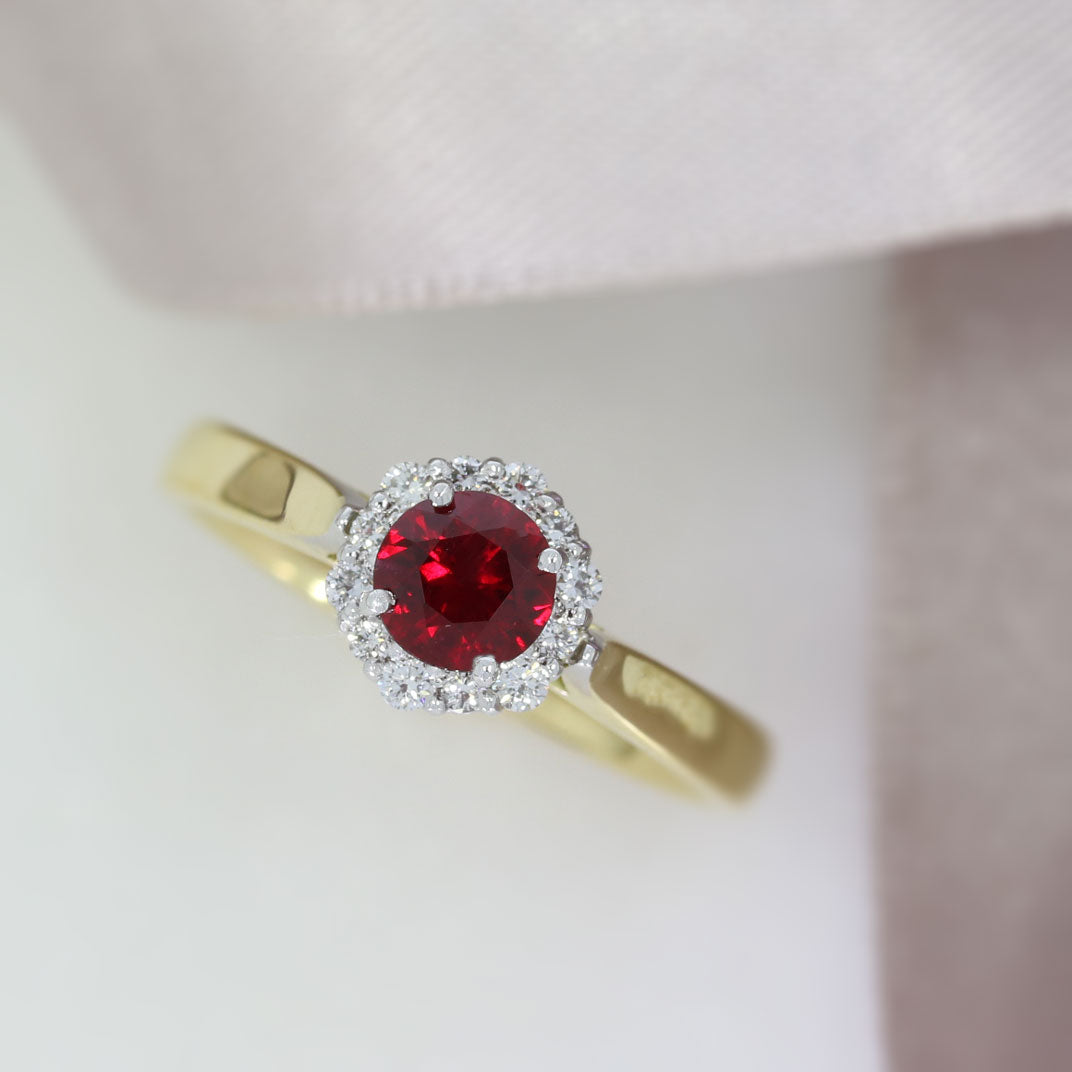 18ct Yellow Gold Ruby and Diamond Halo Cluster Ring